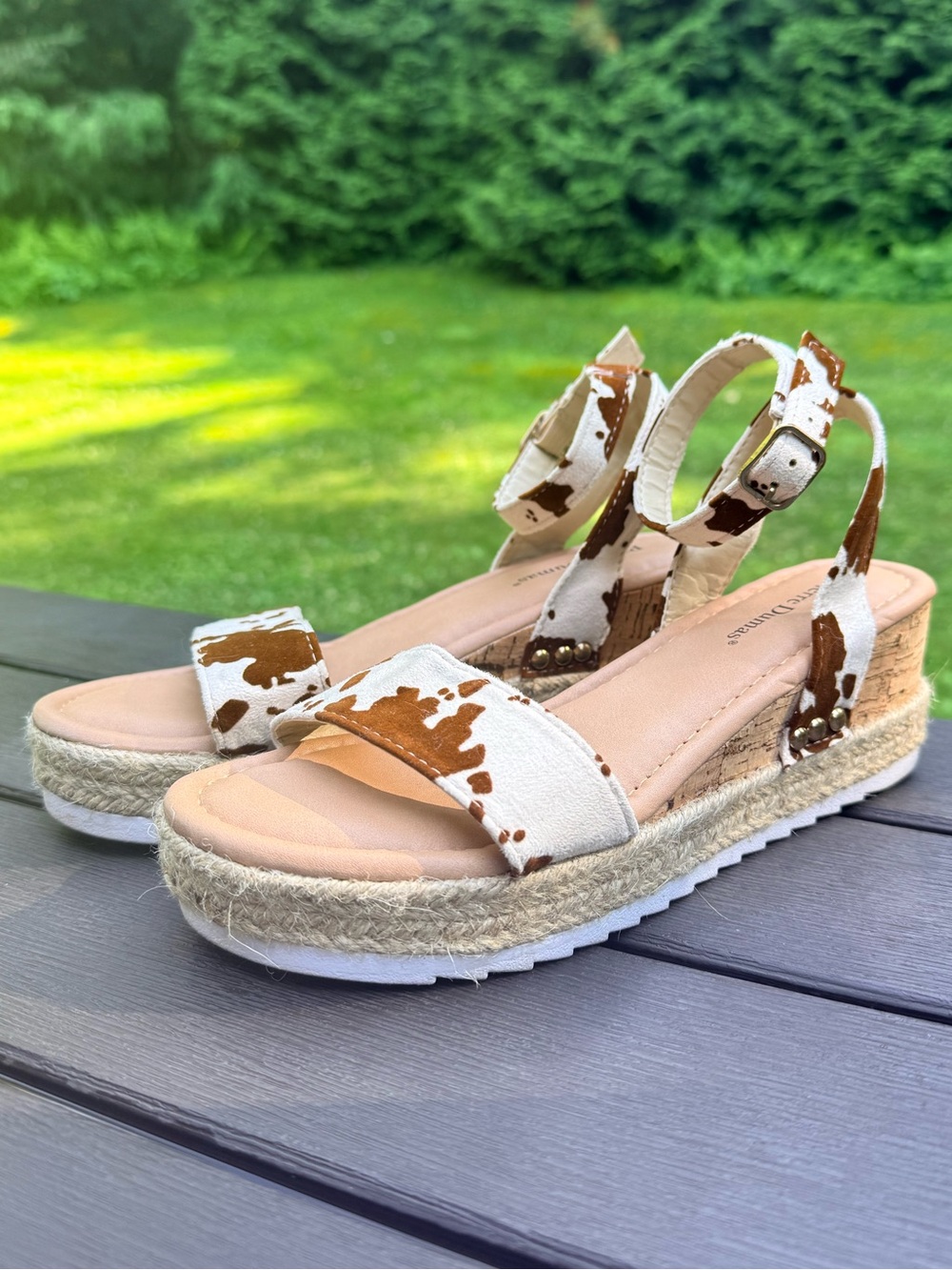 Pierre Dumas Cow-Print Espadrille Wedge Sandal - Brown & White